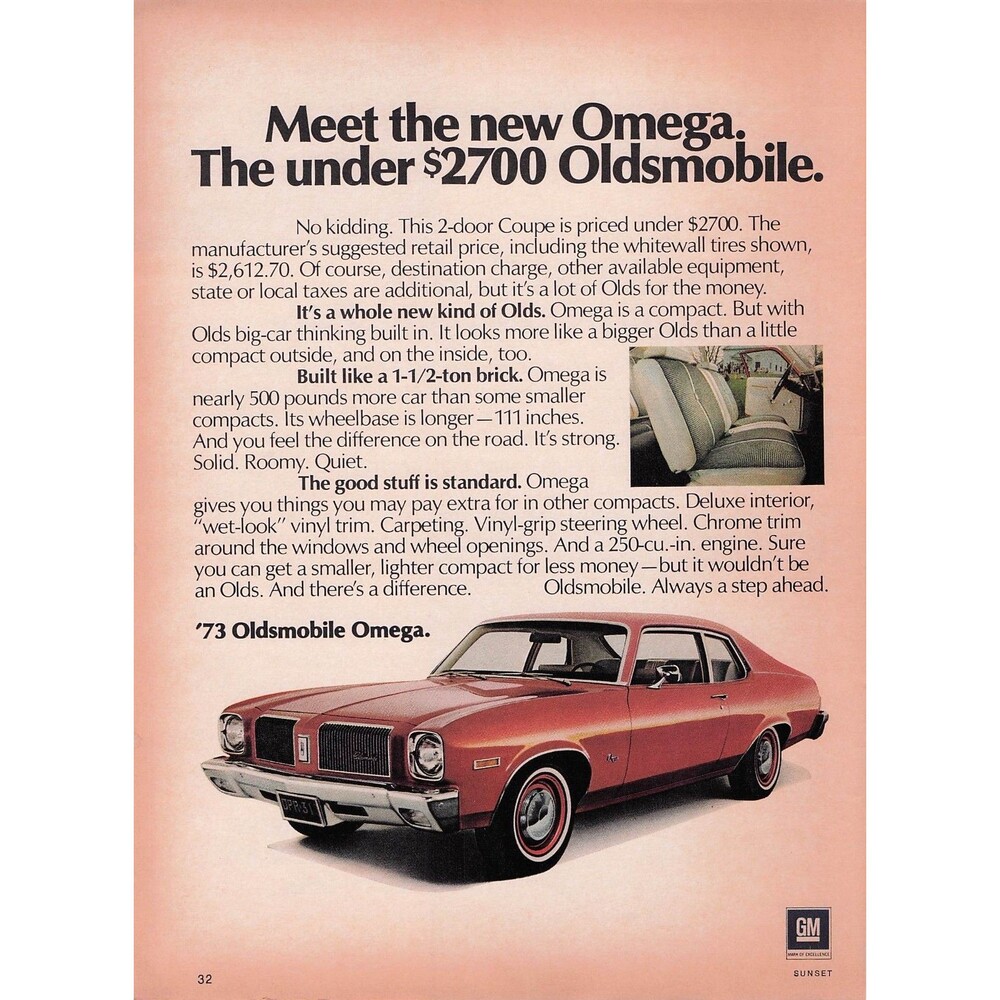 1973 Oldsmobile Omega Vintage Print Ad 2 Door Coupe GM $2700 Car Wall Decor art